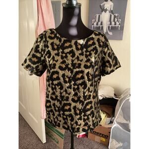 Anthropologie Hutch Top Blouse Small Animal Print Metallic Tie Neck Back
